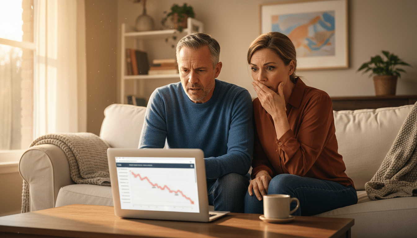 Couple regardant anxieusement un écran d'ordinateur