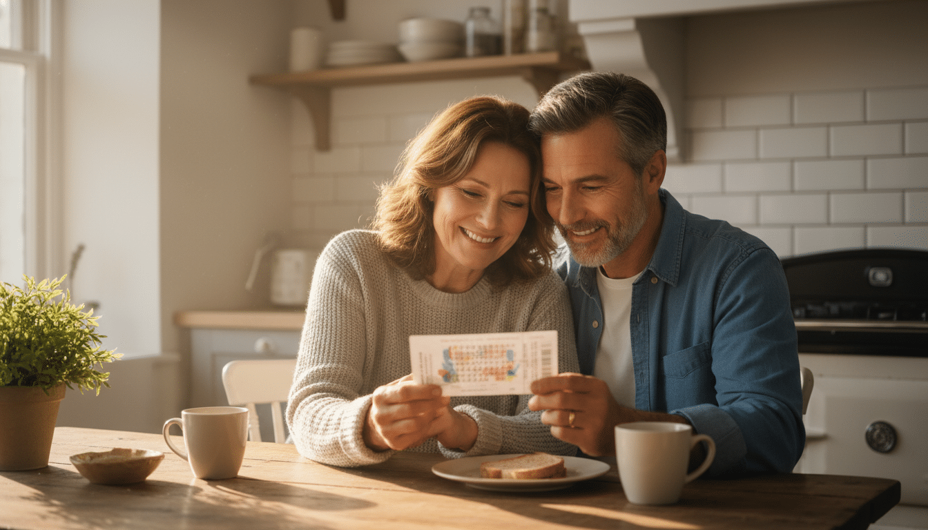 Couple regardant un ticket de loterie ensemble