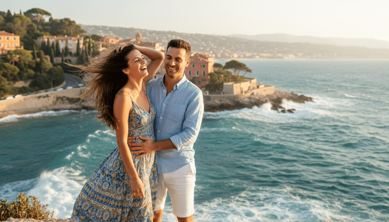Couple sur la côte méditerranéenne par mistral ensoleillé
