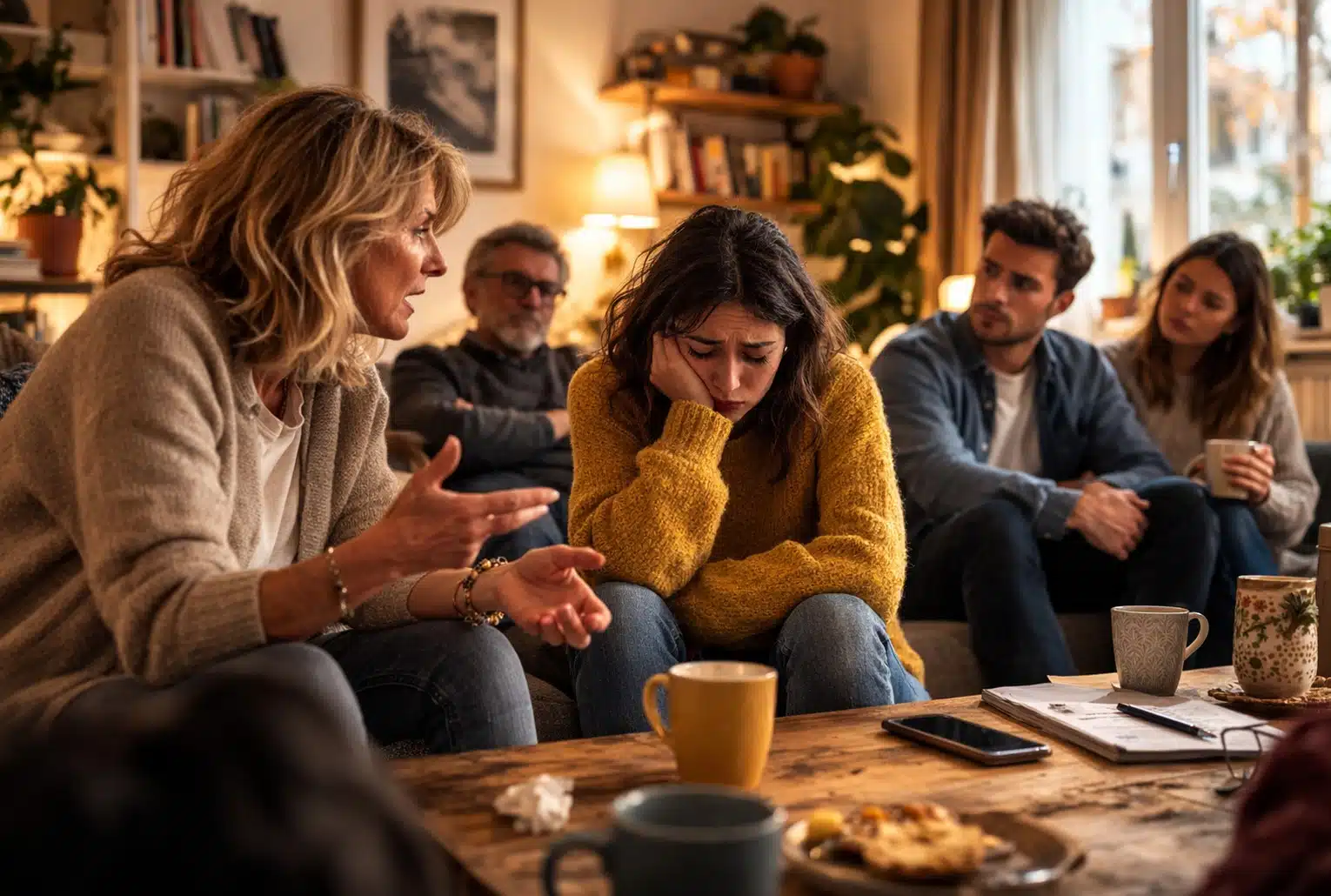 Scène de critique permanente en famille : une femme parle vivement tandis qu’une jeune femme, tête baissée, encaisse la remarque.