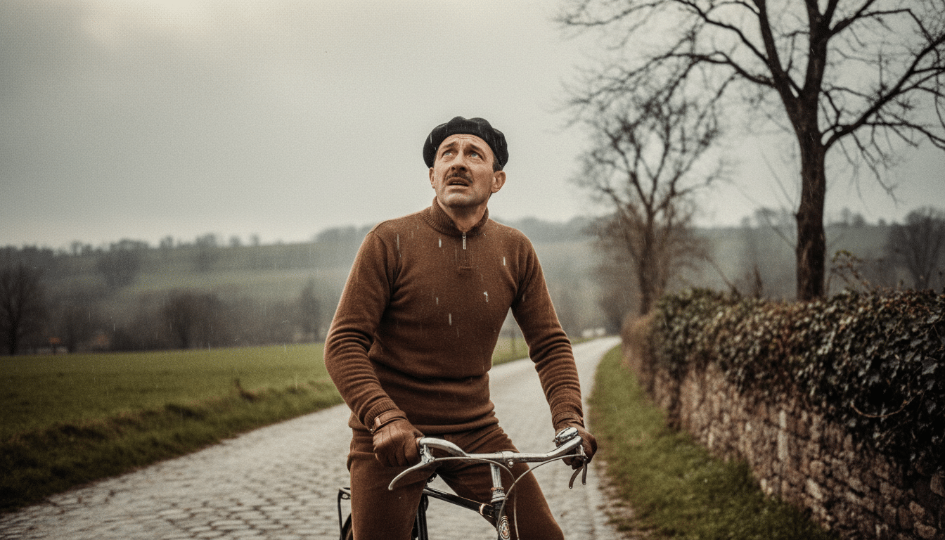 Cycliste français sous la pluie dans les années 60