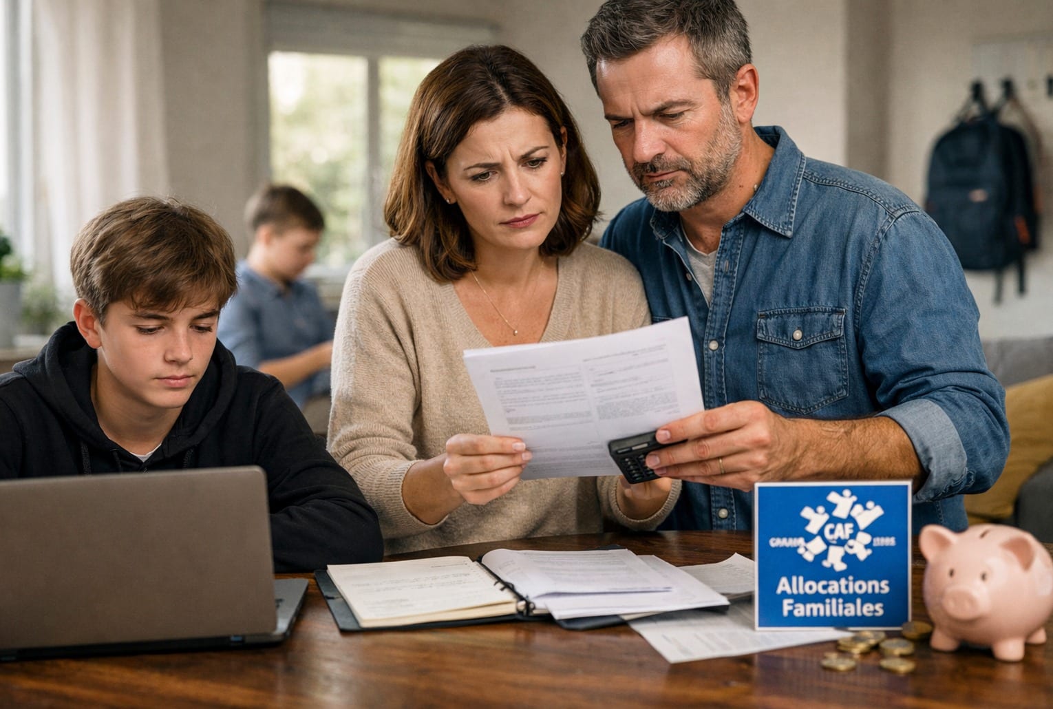 Parents et adolescent consultent des papiers et une calculatrice à la maison, illustration des allocations familiales repoussées à 18 ans.
