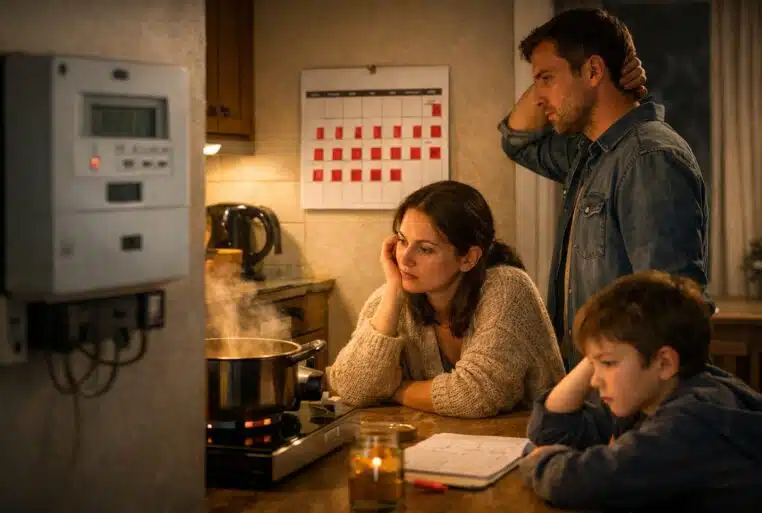 Famille française inquiète devant un calendrier rempli de jours rouges Tempo, compteur électrique au premier plan