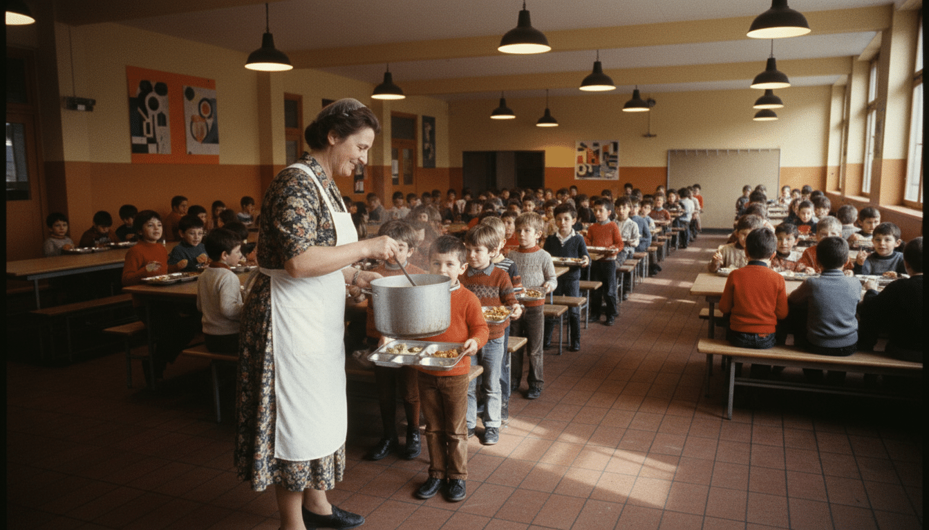 Dame de cantine années 70 servant des enfants à la louche
