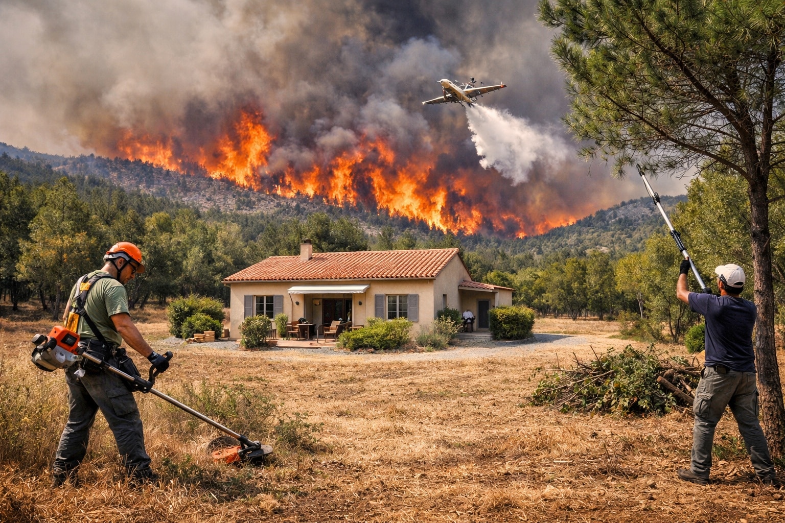 Maison protégée par le débroussaillement obligatoire face à un feu de forêt en arrière-plan