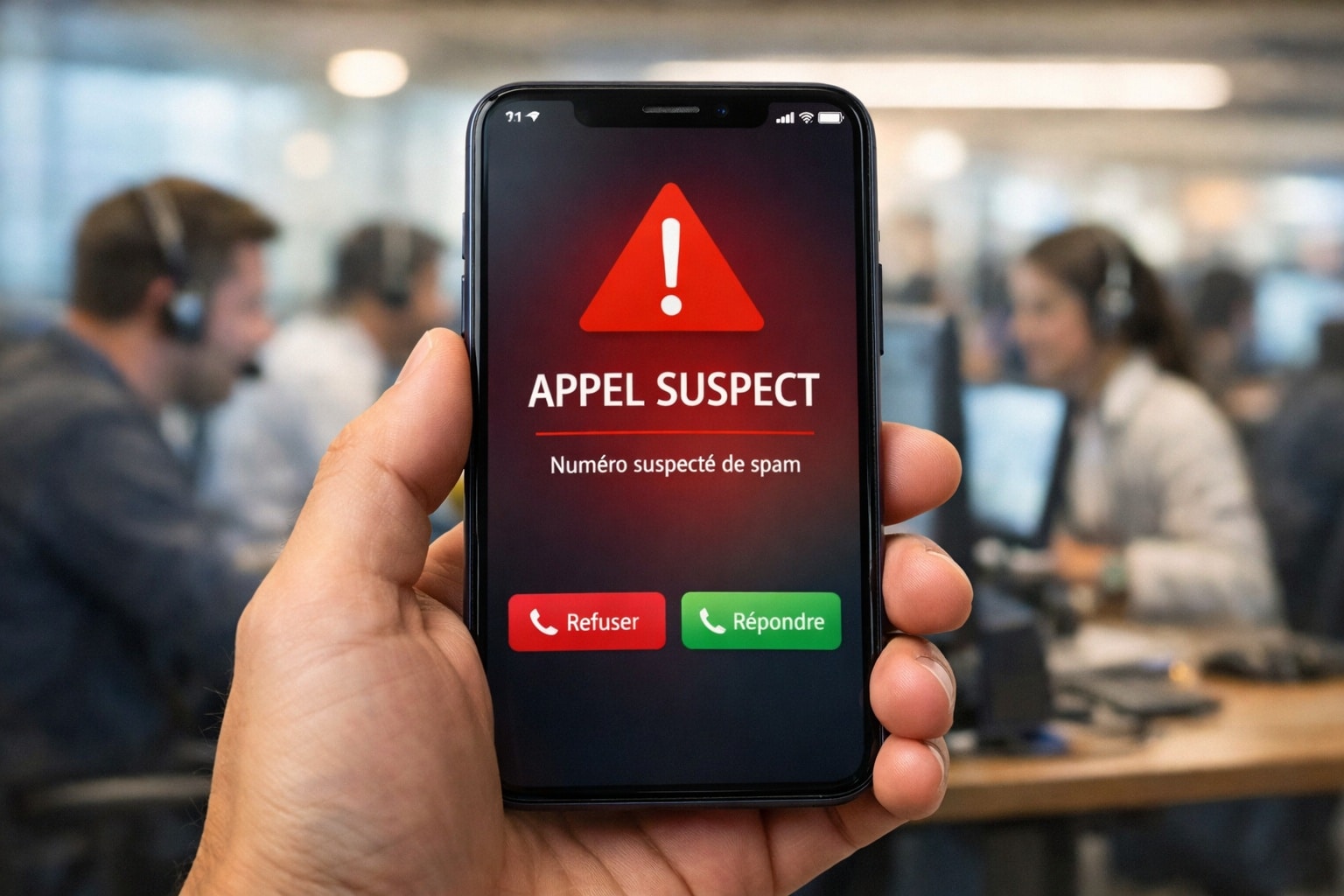 Smartphone affichant un appel suspect lié au démarchage téléphonique dans un environnement de centre d’appels