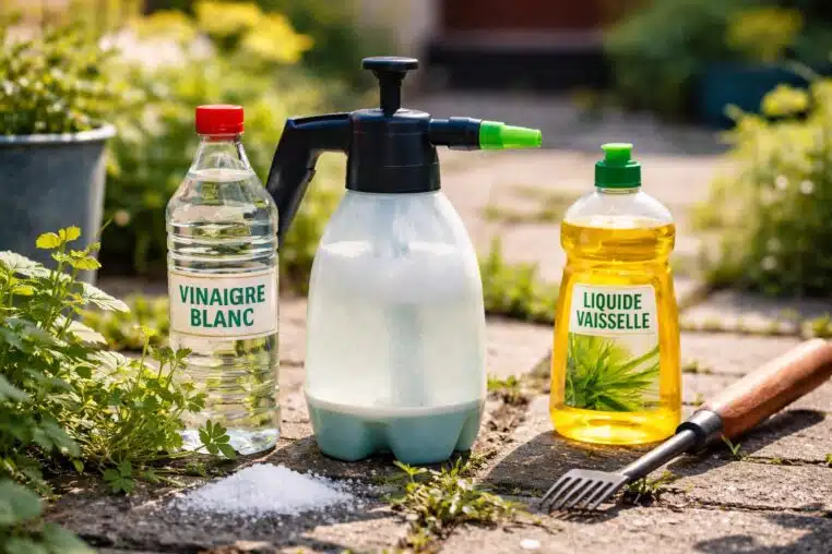 Liquide vaisselle et vinaigre blanc utilisés pour désherber des mauvaises herbes entre des dalles de terrasse.