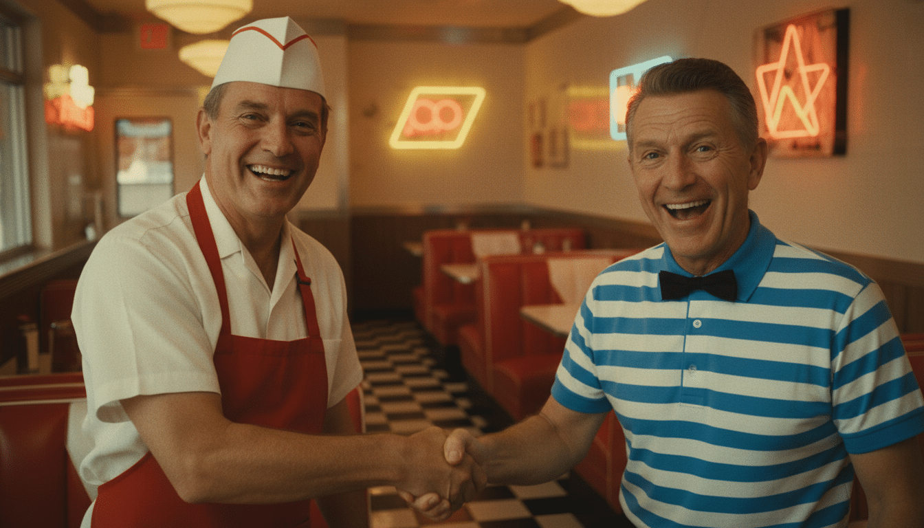 Deux hommes se serrent la main dans un restaurant américain vintage