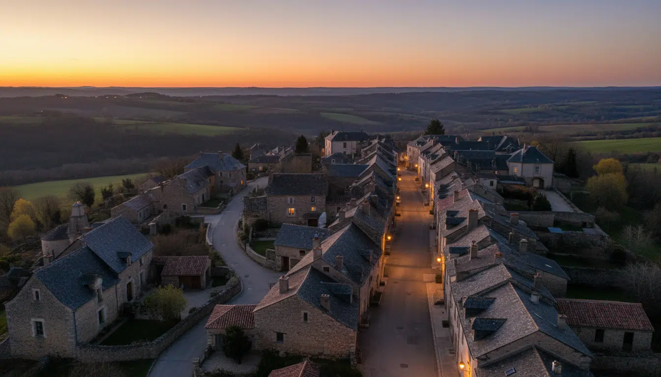 Village tranquille de l'Aveyron au crépuscule
