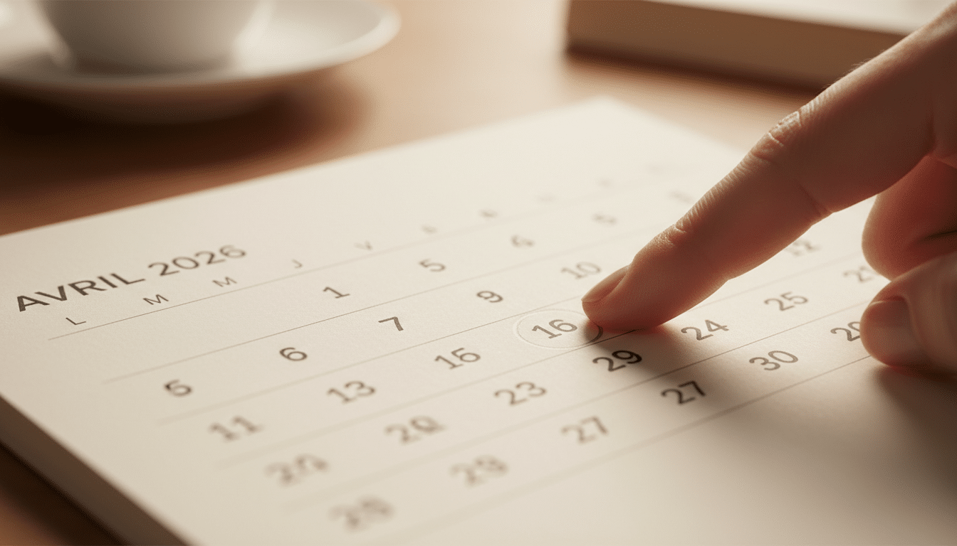 Doigt pointant le 7 sur un calendrier d'avril