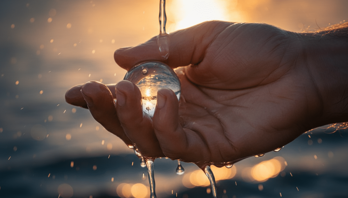 Doigts froissés agrippant un galet mouillé