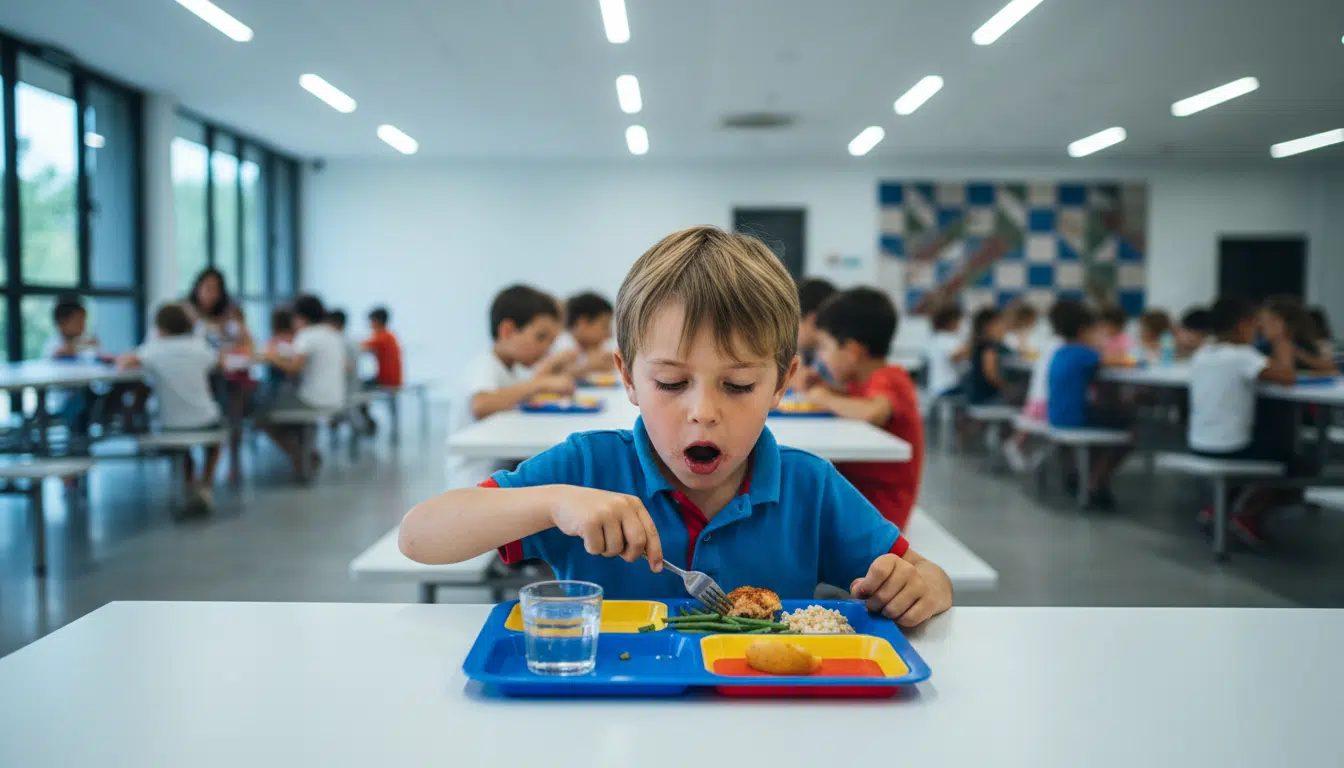 Écolier mangeant son repas à la cantine moderne