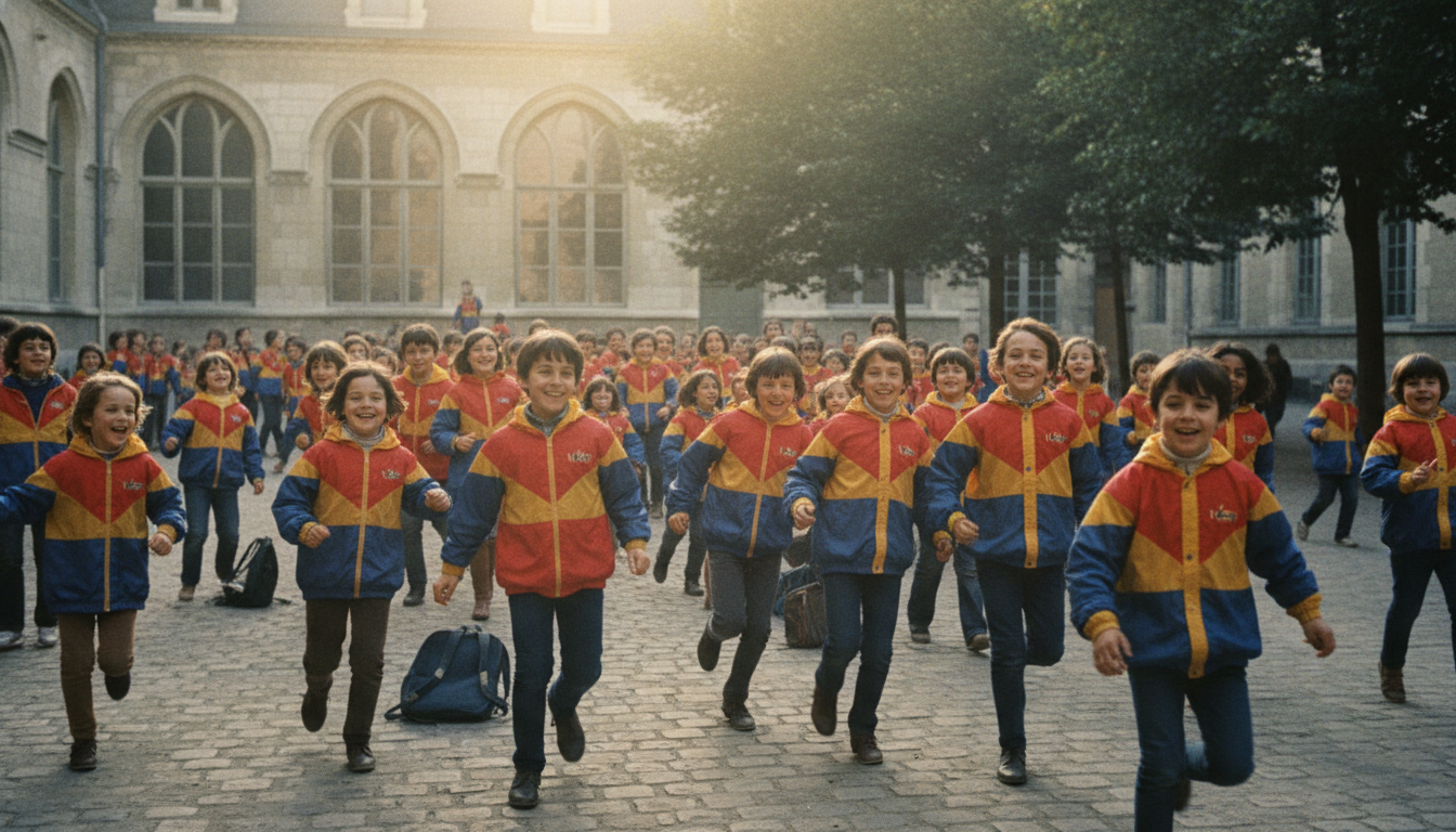 Écoliers français années 70 portant des K-Way colorés