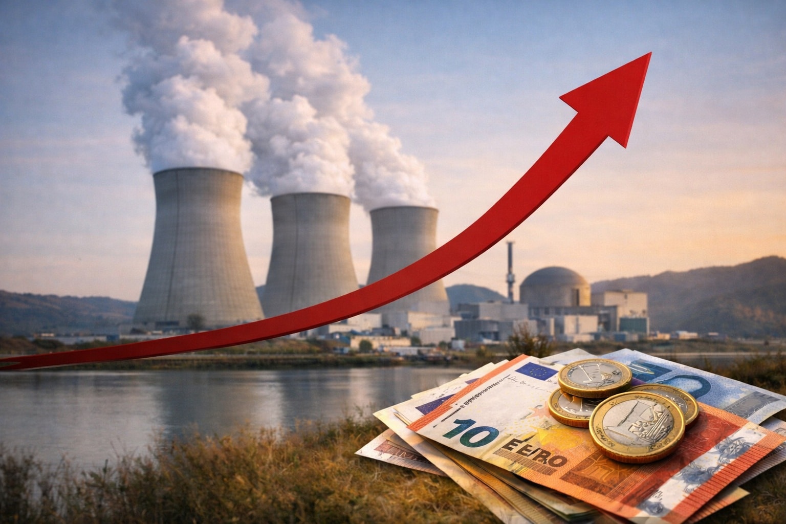 Illustration sobre sur la hausse du prix de l’électricité avec centrale nucléaire en arrière-plan, billets en premier plan et flèche ascendante