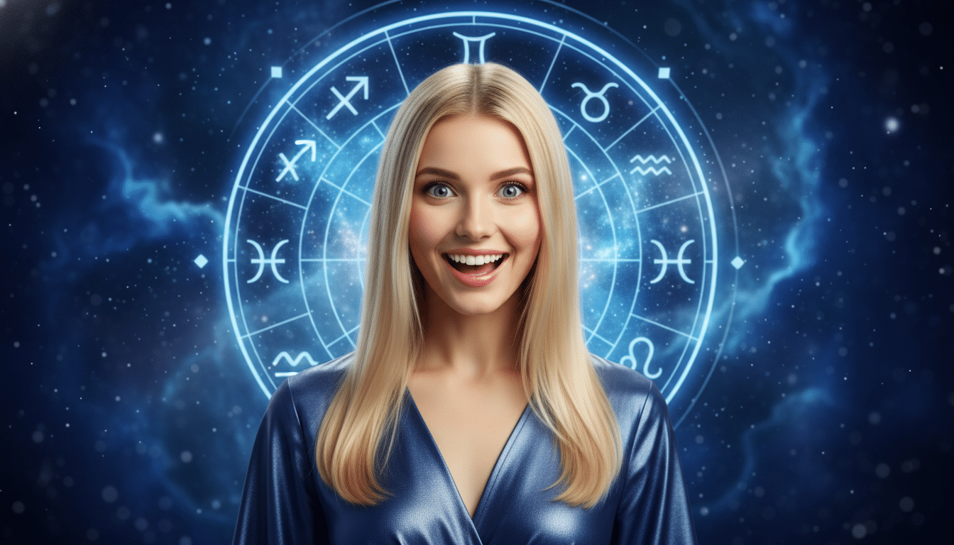 Editorial portrait photo of a young blonde woman with straight hair, looking at camera with amazed a