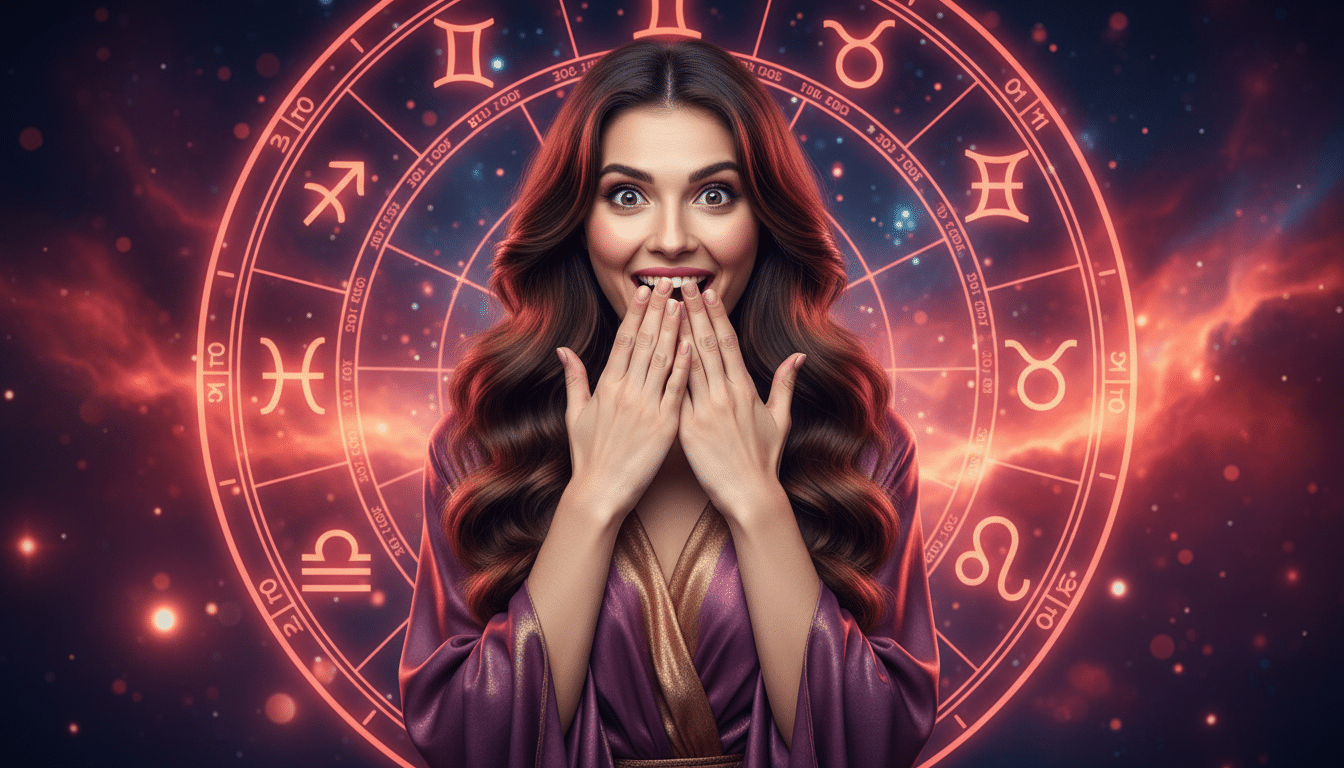 Editorial portrait photo of a young brunette woman with long hair, looking at camera with shocked an