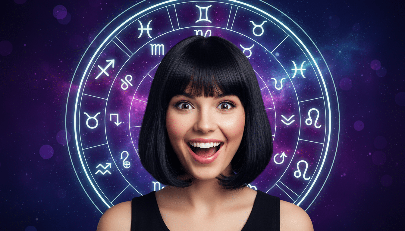 Editorial portrait photo of a young woman with dark bob haircut, looking at camera with joyful and a