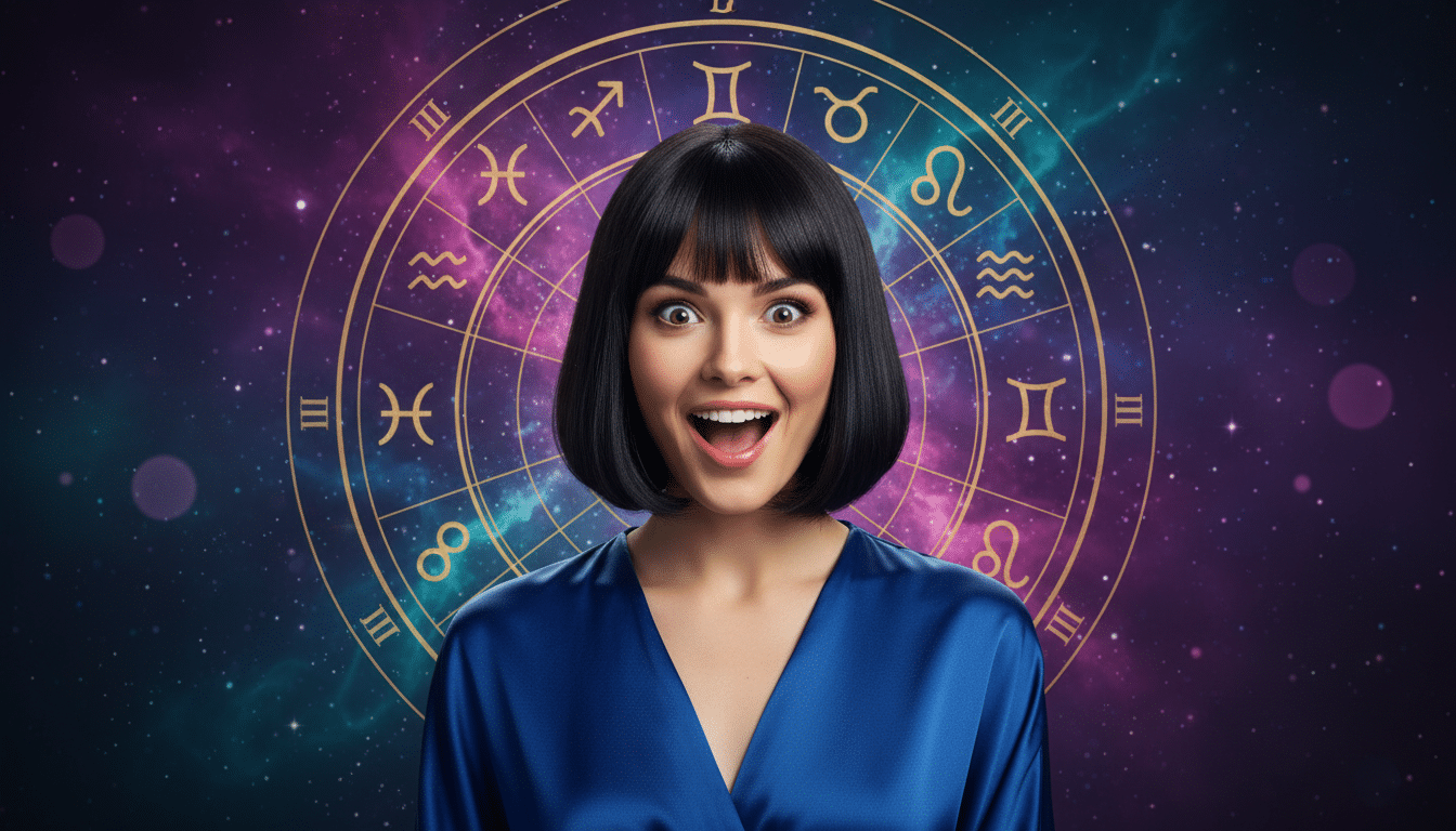 Editorial portrait photo of a young woman with dark bob haircut, looking at camera with joyful and a