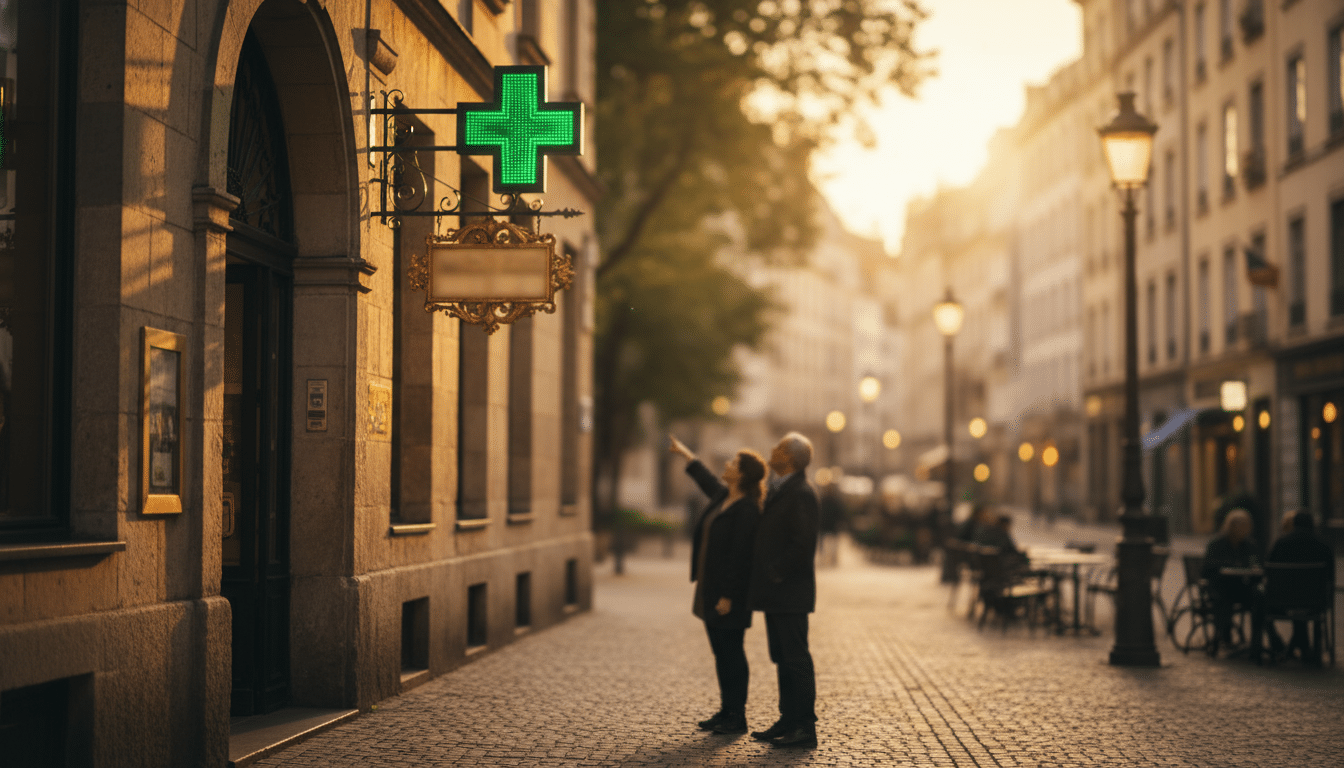 Editorial press photograph illustrating: Pourquoi les pharmacies ont toutes une croix verte : la vra