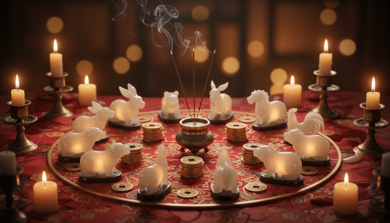 Elegant Chinese astrology scene with jade zodiac animals arranged in a circle on a red silk cloth, g