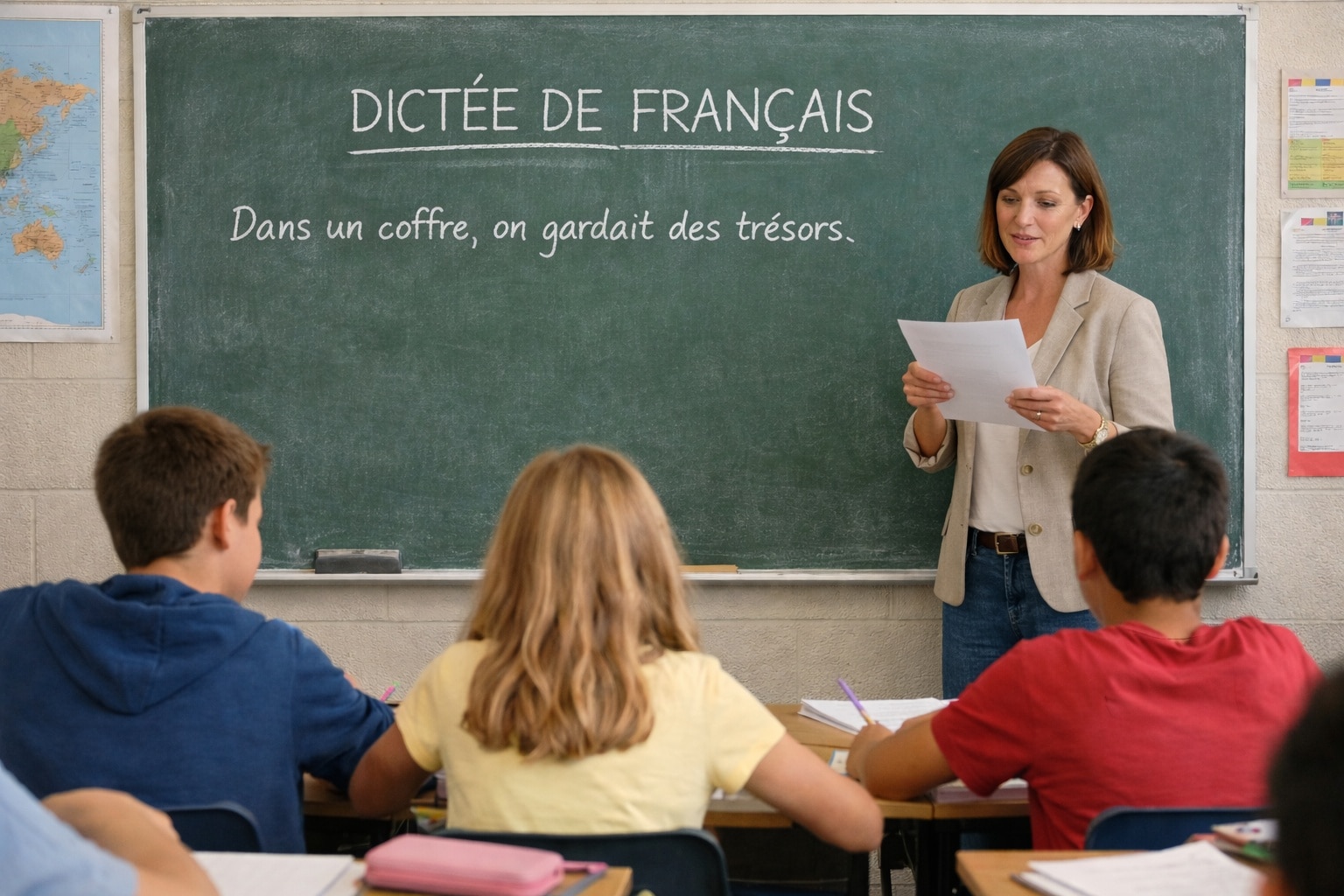 Des élèves de sixième concentrés pendant une dictée de français en classe