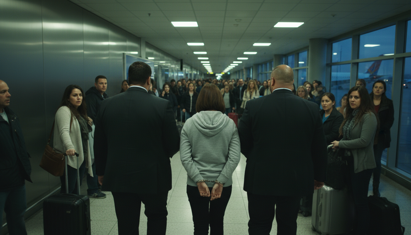 Femme menottée traversant un aéroport sous les regards