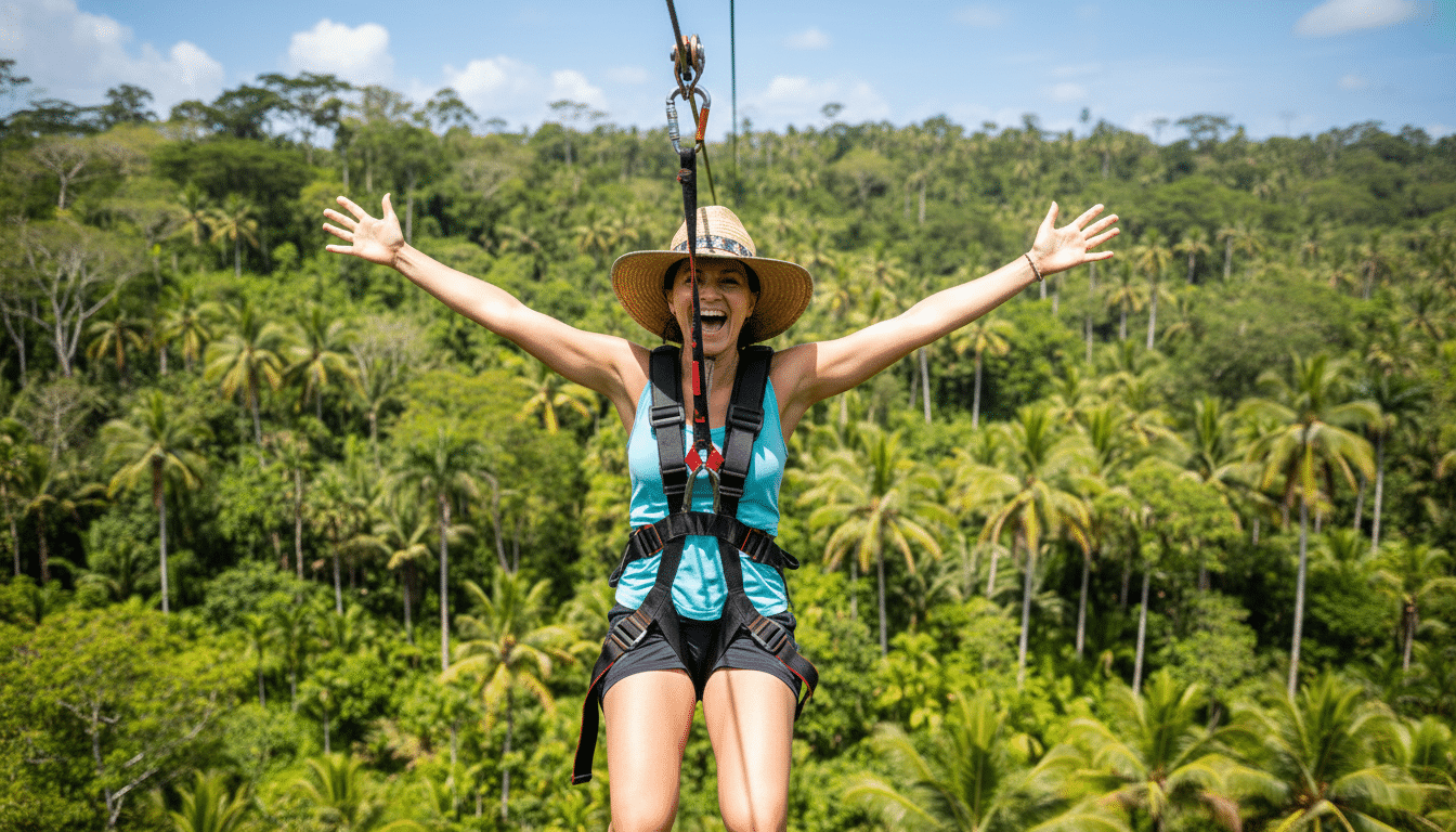 Femme sur une tyrolienne au-dessus de la jungle mexicaine