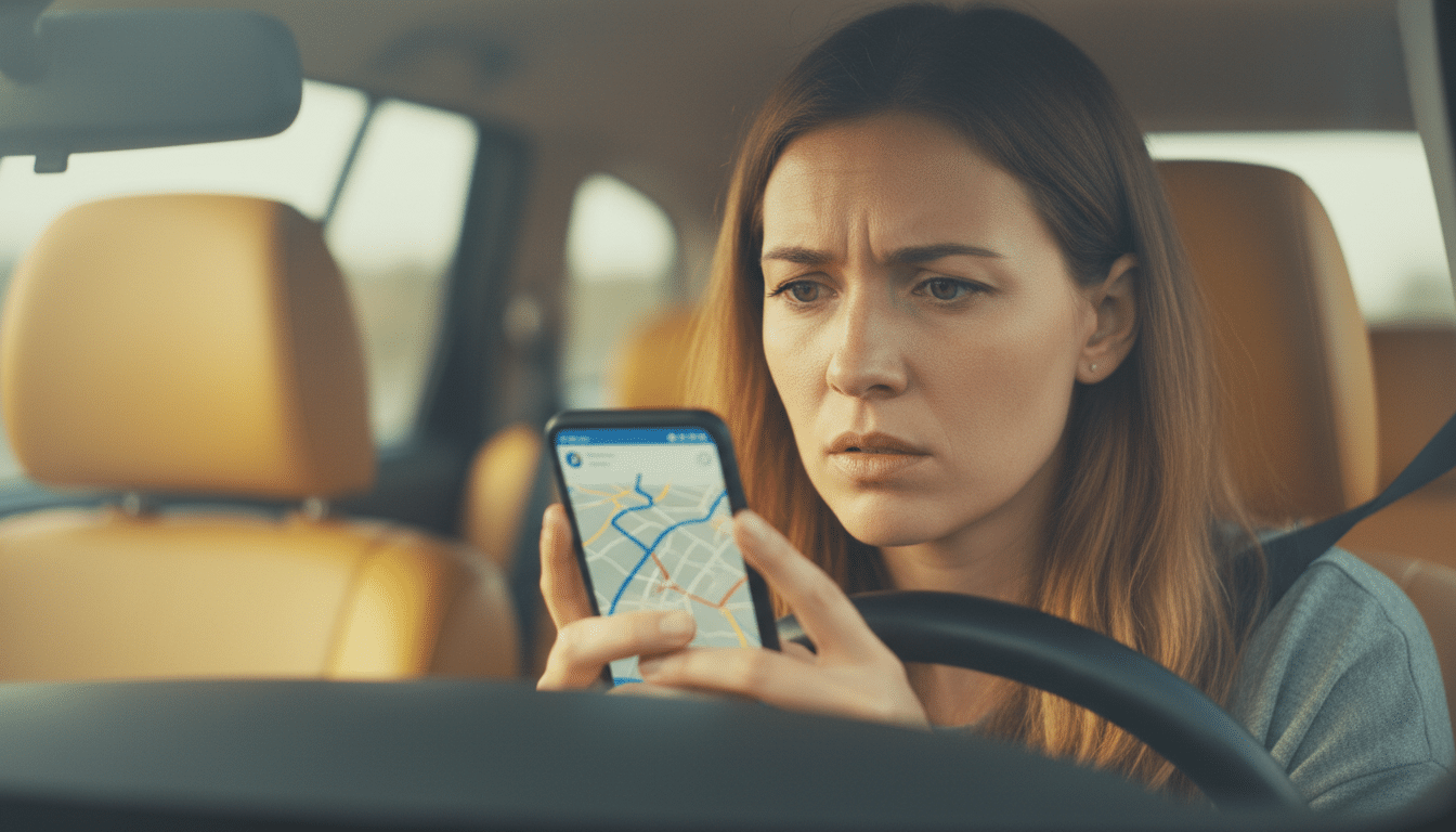 Conductrice inquiète tenant son téléphone GPS au volant