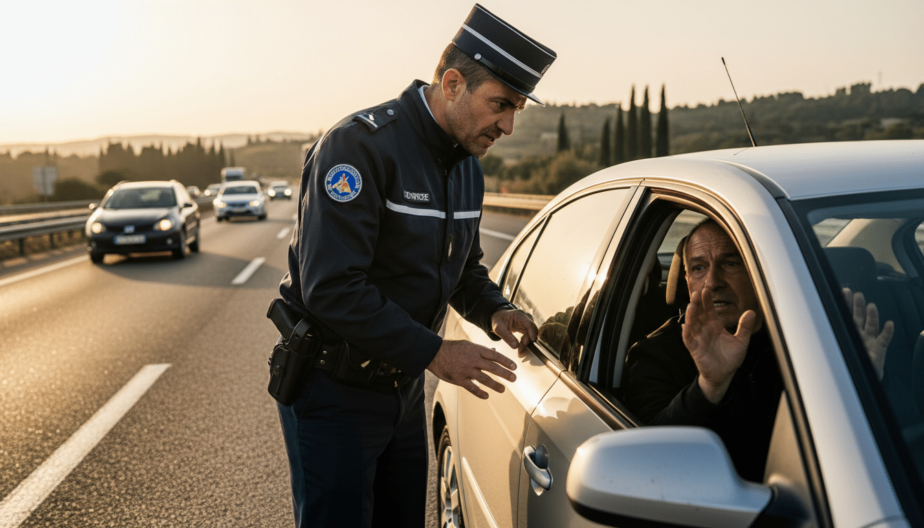 Policier contrôlant un conducteur sur l'autoroute