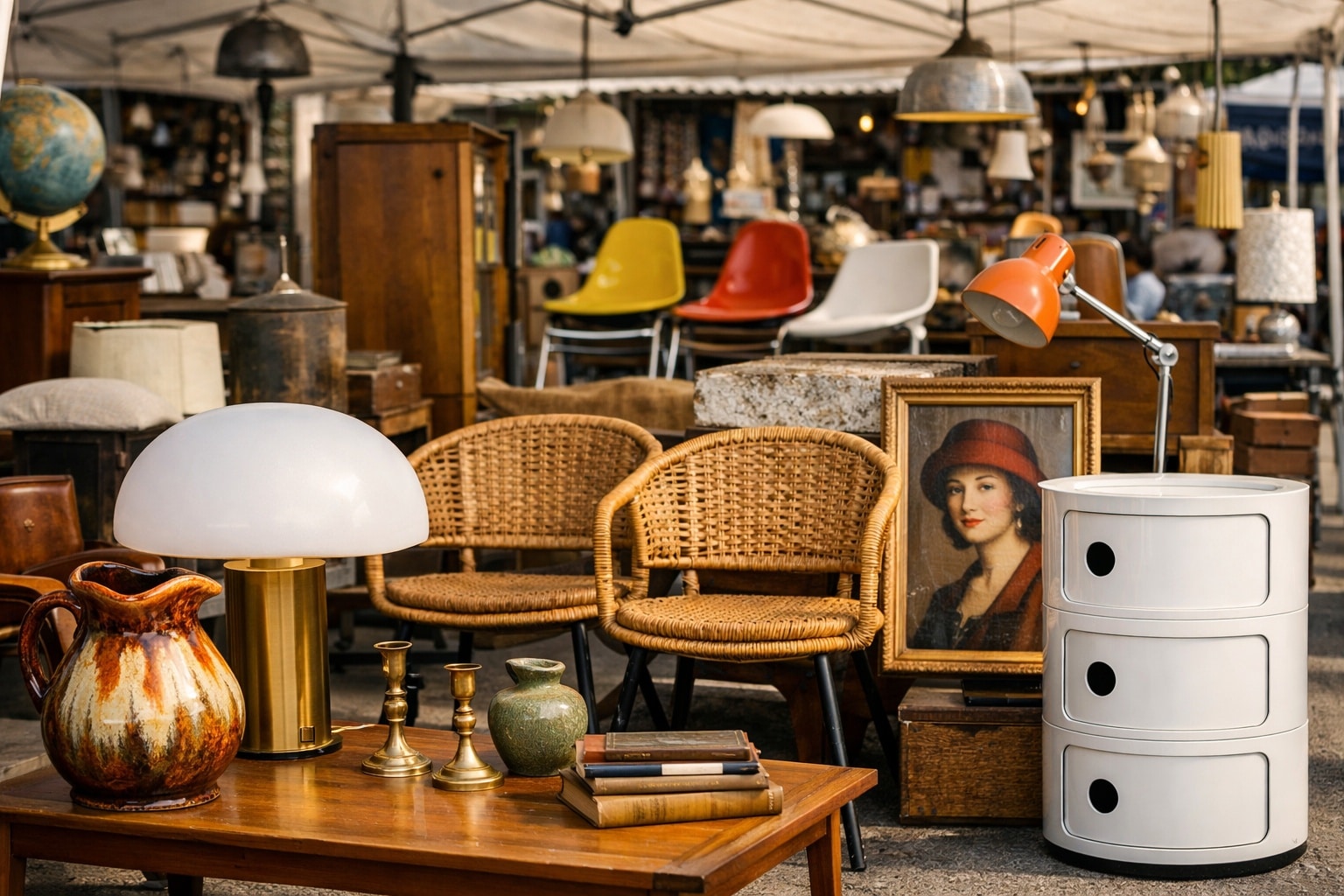 Emmaüs déco vintage avec luminaires rétro, fauteuils en rotin et meuble blanc iconique dans une scène de chine.