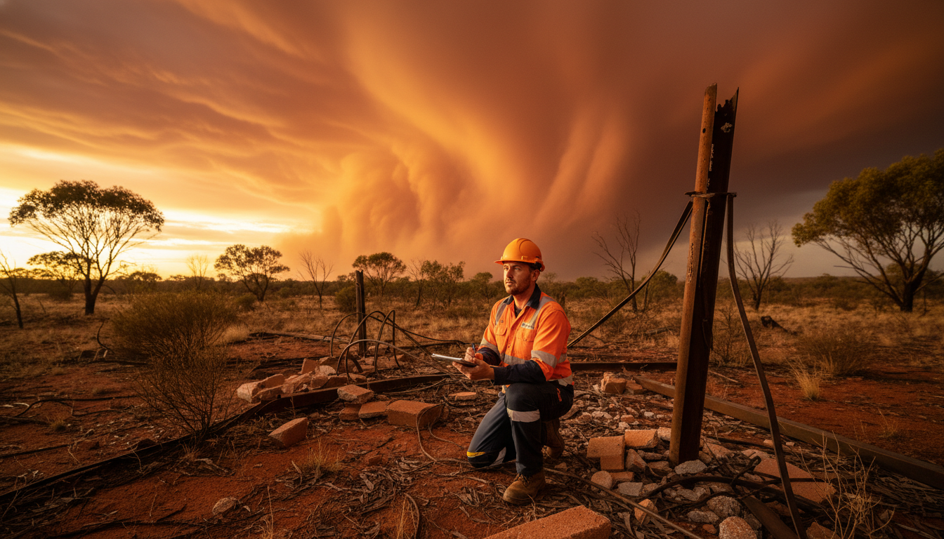 Technicien inspectant des dégâts après le passage du cyclone