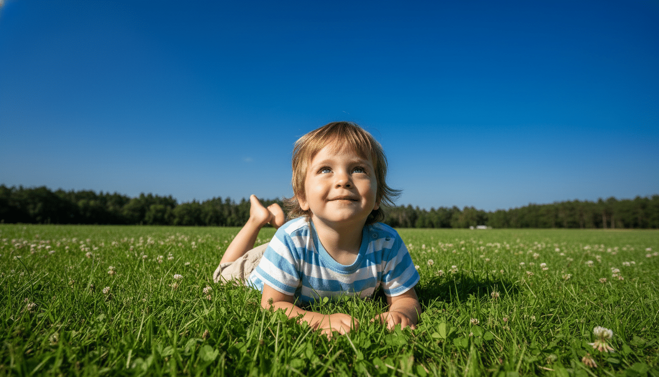Enfant allongé dans l'herbe regardant le ciel bleu