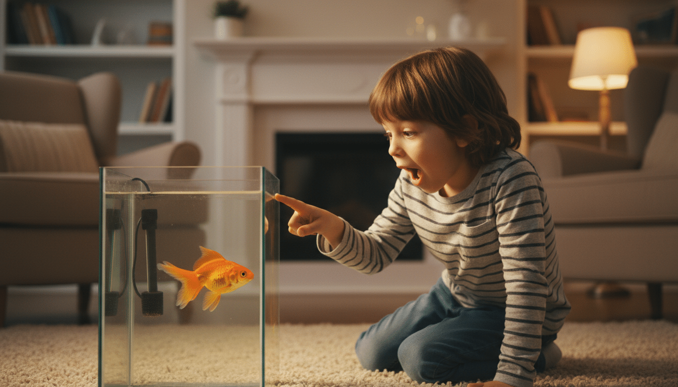 Enfant étonné devant un aquarium avec un poisson rouge