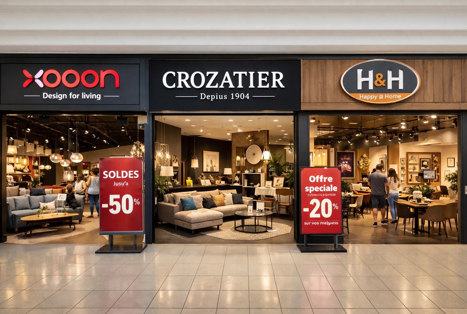 Enseignes déco Xooon, Crozatier et H&H dans une galerie commerciale au design contemporain