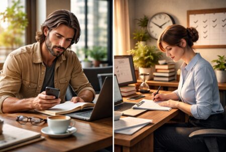 Deux adultes au travail dans un ensemble photoréaliste sobre sur la gestion du temps