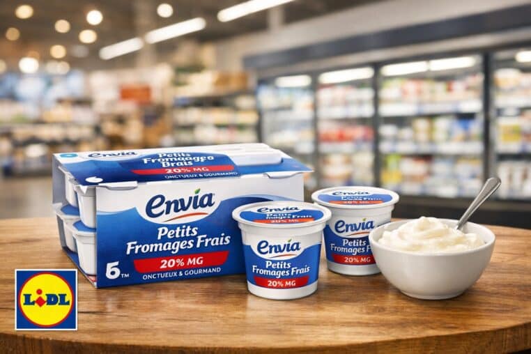 Petits fromages frais Envia mis en avant sur une table devant un fond flou de magasin Lidl, avec un petit logo Lidl en bas à gauche