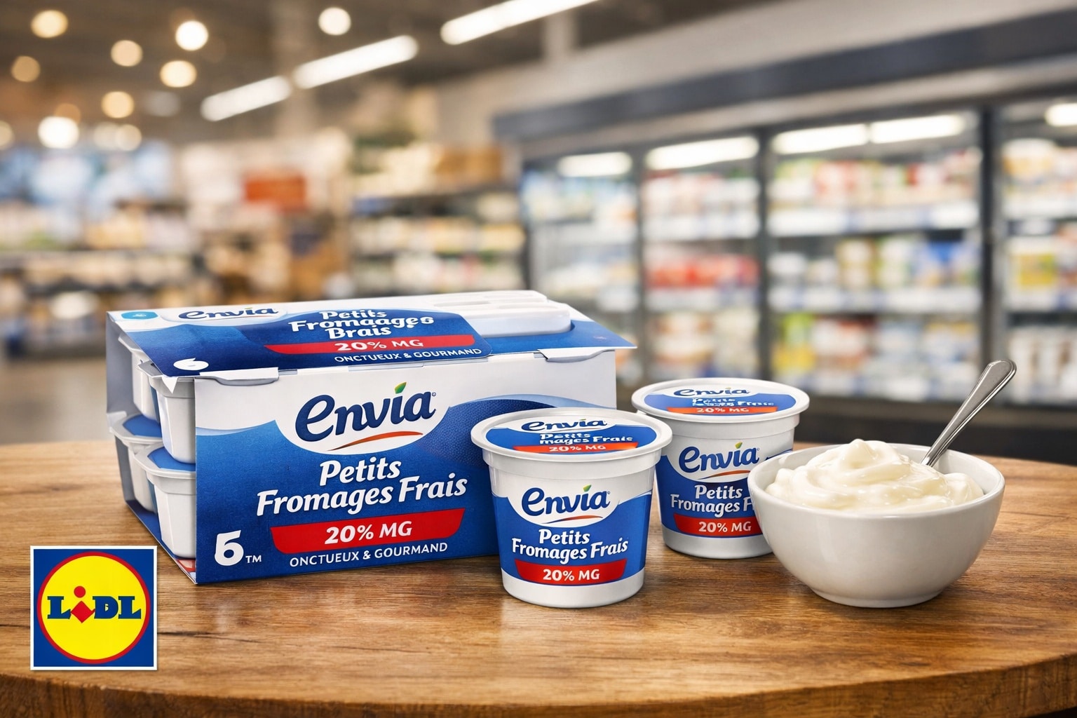 Petits fromages frais Envia mis en avant sur une table devant un fond flou de magasin Lidl, avec un petit logo Lidl en bas à gauche