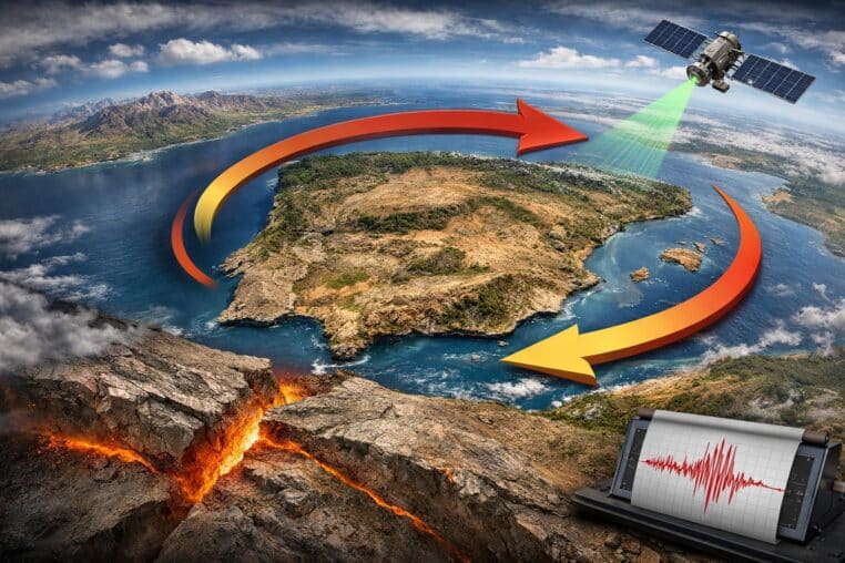 Illustration photoréaliste de la péninsule ibérique (Espagne et Portugal) en rotation horaire sous l’effet des plaques africaine et eurasienne.