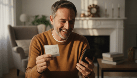 Homme souriant tenant un ticket EuroMillions