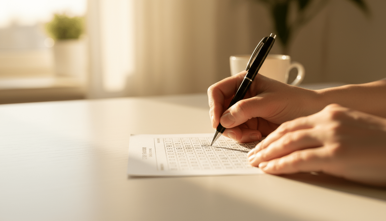 Mains remplissant une grille de loterie