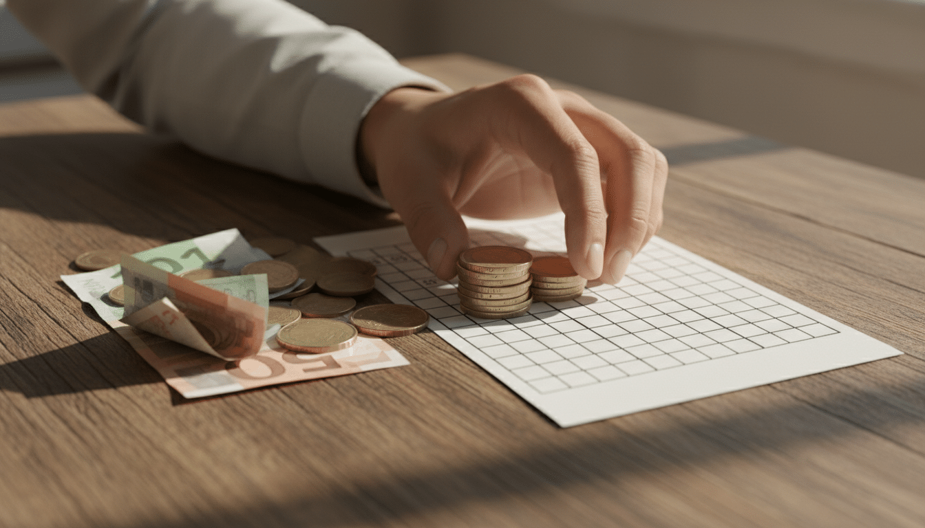 Billets et pièces euros près d'une grille de jeu