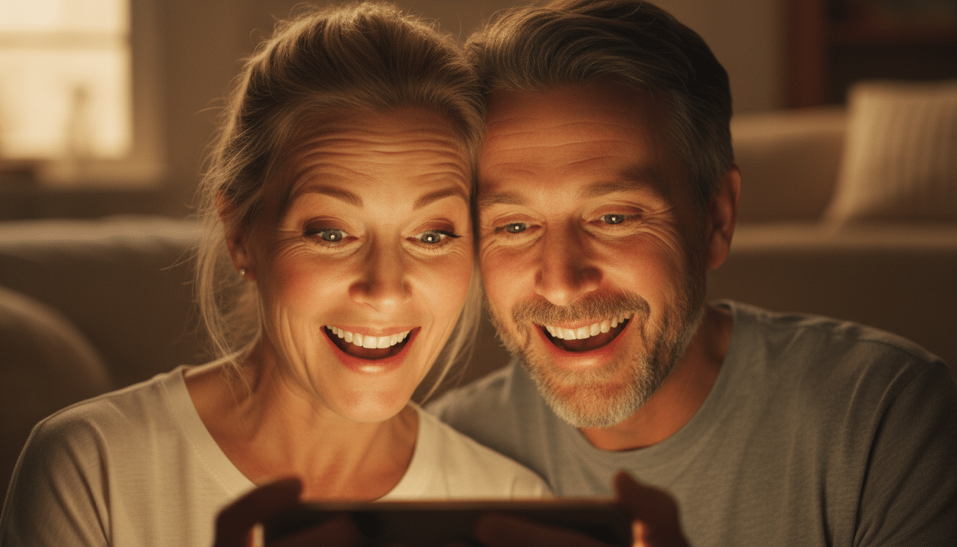 Couple découvrant les résultats sur leur téléphone