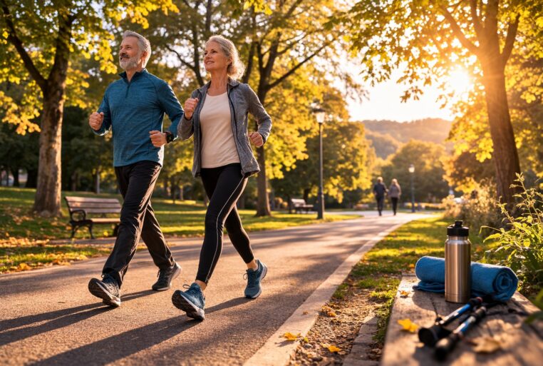 Exercices de marche après 50 ans : un couple marche d’un bon pas dans un parc au lever du soleil.