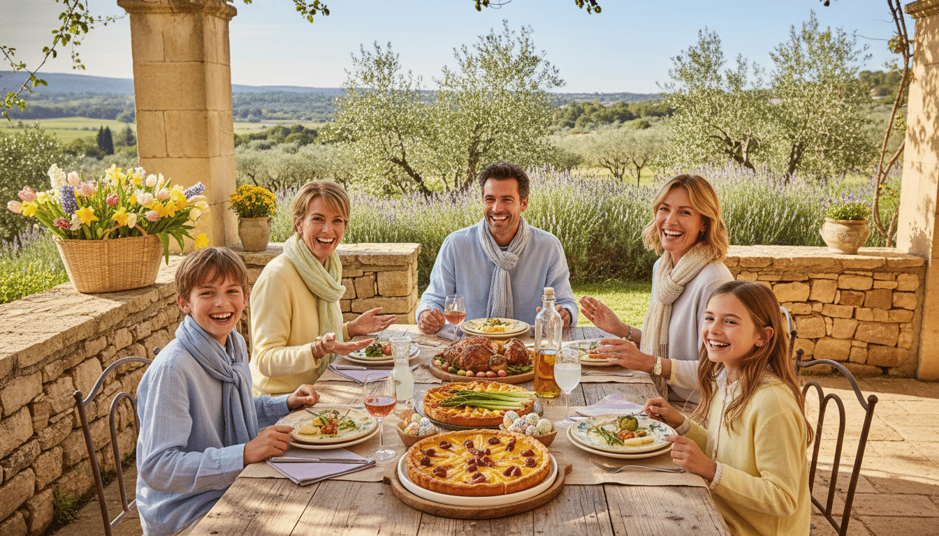 Famille autour d'un repas en terrasse ensoleillée en Provence