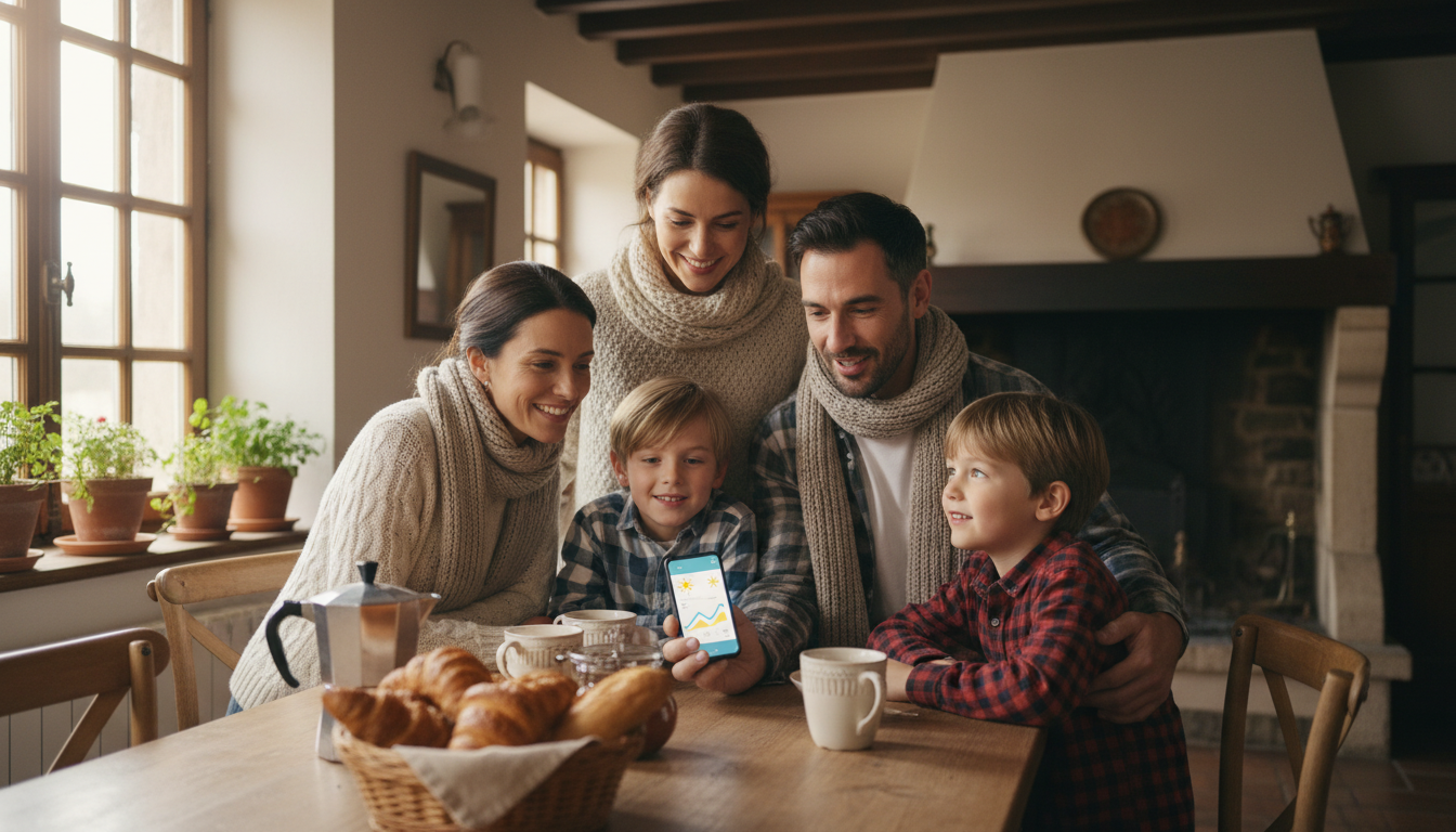Famille consultant la météo ensemble dans une cuisine