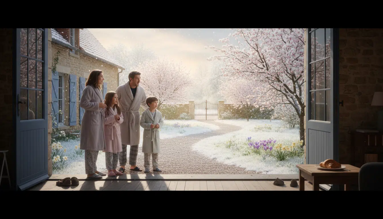 Famille découvrant la neige inattendue au printemps