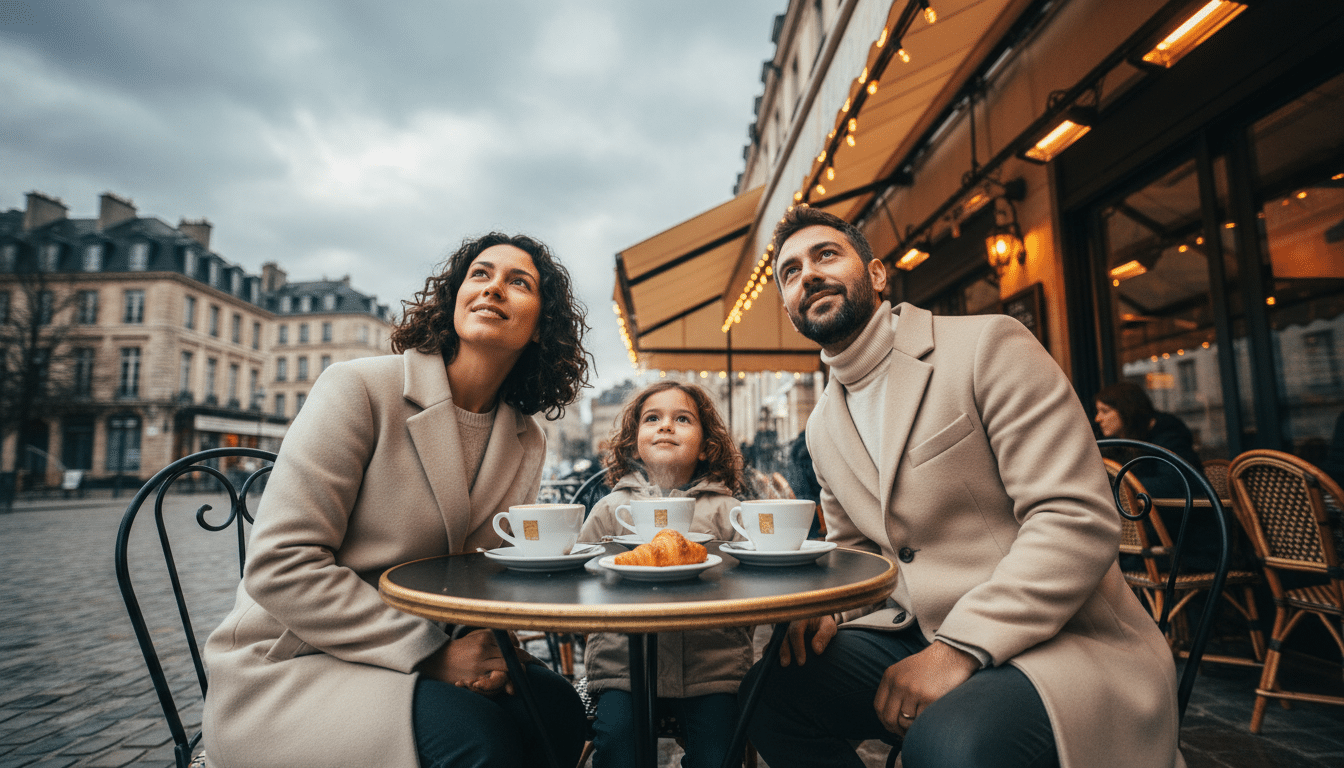 Famille en terrasse sous un ciel incertain