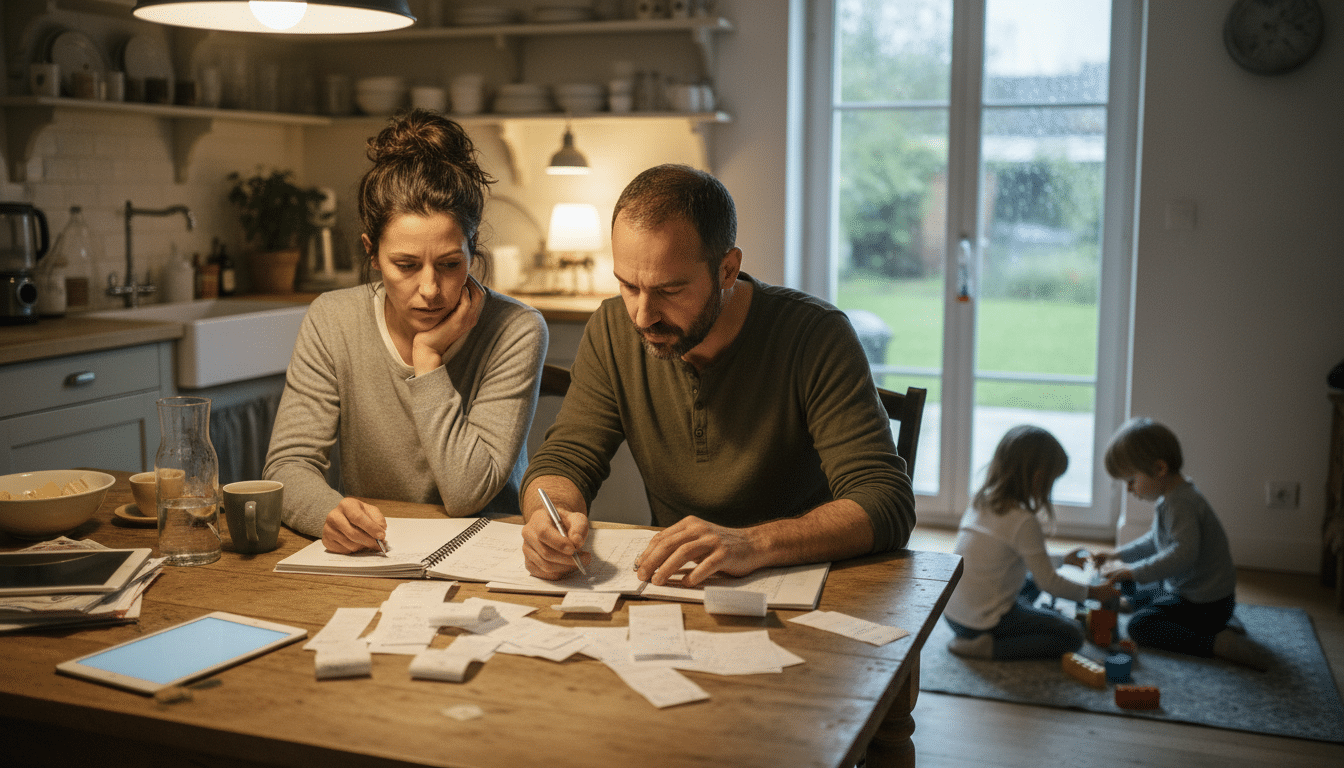 Famille faisant son budget mensuel autour de la table