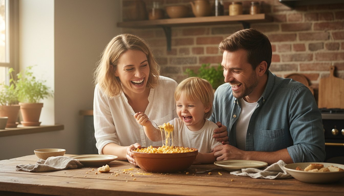 Famille partageant un plat de macaroni au fromage