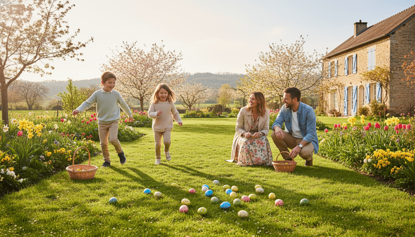 Famille préparant une chasse aux œufs de Pâques